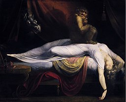 pintura de un demonio agachado sobre una mujer