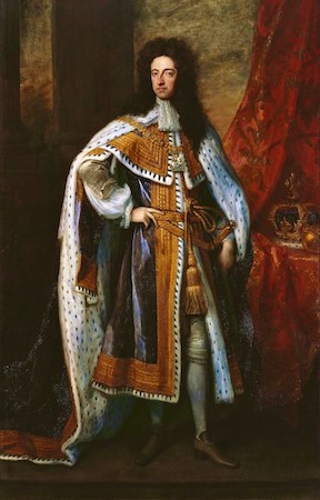 Un retrato del rey Guillermo III, un hombre con una gran peluca y elaborados ropajes reales.