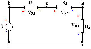 Circuito simple con una fuente de fem y tres resistencias.