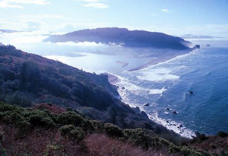 Una fotografía coloreada muestra el estuario del río Klamath cerca de un bosque con el cielo de fondo.