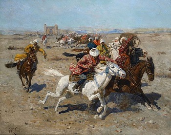 Pintura de jinetes jugando Kokpar