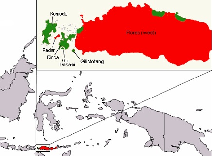 Un mapa del área de distribución anterior y actual del dragón de Komodo