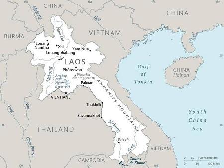 Mapa de Laos con ciudades y topónimos