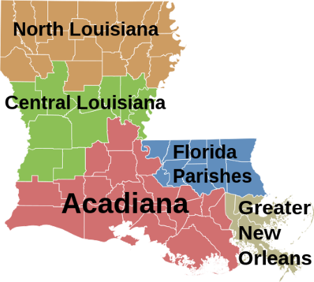 Un mapa codificado por colores de Luisiana con las parroquias del sur etiquetadas como Acadiana en color rojo.