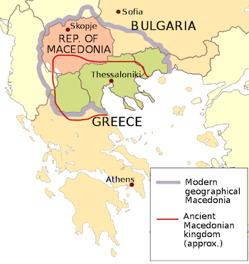 Borde rojo que muestra la ubicación de la antigua Macedonia