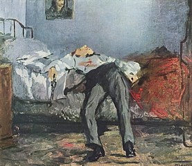 Pintura de un hombre muerto en una cama con sangre en el abdomen.