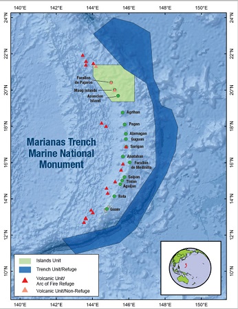 La imagen muestra las tierras y aguas sumergidas incluidas en el Monumento Nacional Marino Fosa de las Marianas