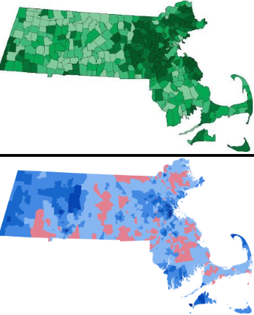 2 mapas de MA. La parte superior tiene tonos de verde que indican ingresos. La parte inferior es el mapa electoral rojo/azul.