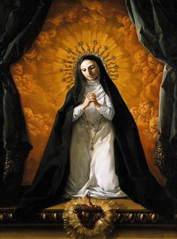 Representación de una monja vestida de blanco y negro, arrodillada.