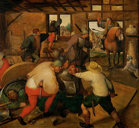 Pintura de soldados combatientes y campesinos en una cabaña.