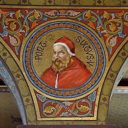 Retrato en mosaico a todo color del Papa Sixto V con barba roja y túnica roja