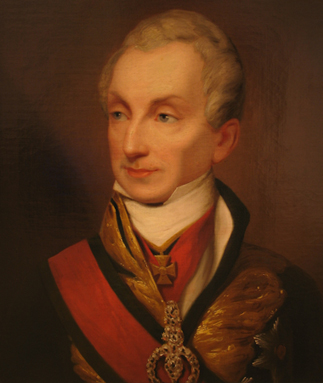 Retrato al óleo de un hombre blanco de pelo blanco vestido con ropas de noble del siglo XIX.