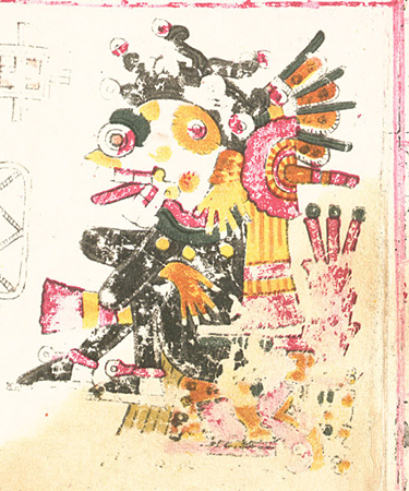 Dibujo antiguo de Mictlantecuhtli con tocado y lengua afuera