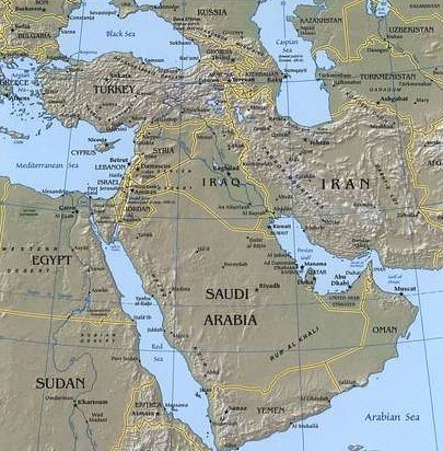 Un mapa topográfico de Oriente Medio.