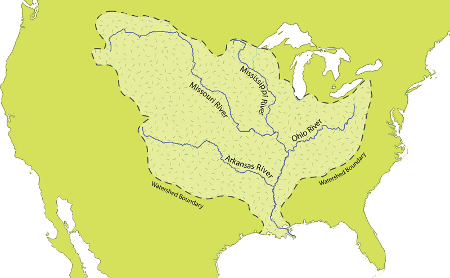 Mapa de Estados Unidos que muestra el área de la cuenca de drenaje del Mississippi