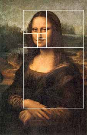 Cuadro de la Mona Lisa con la espiral de Fibonacci delineada en su cuerpo
