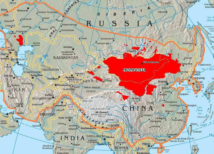 Mapa que muestra la extensión del Imperio mongol frente a la actualidad