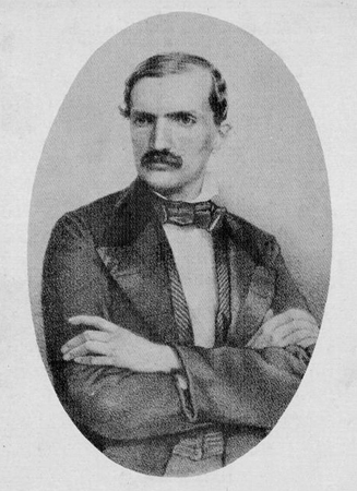 Un dibujo en blanco y negro de un hombre de mediana edad con un traje formal del siglo XIX y los brazos cruzados.