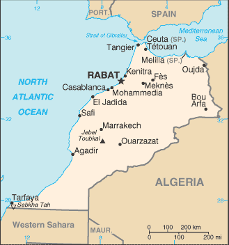 Mapa de Marruecos que muestra el desierto del Sahara y Argelia