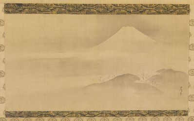  Una pintura minimalista del siglo XV del artista Kano Tsunenobu, que representa el monte Fuji en la primavera.