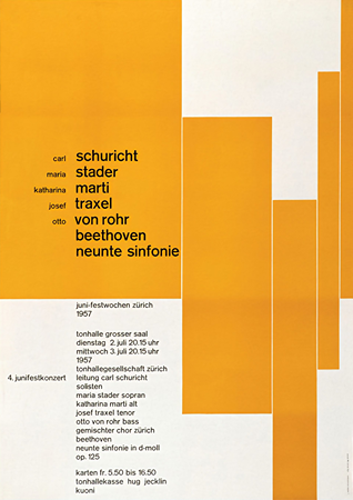 Imagen de un cartel de concierto que anuncia música clásica con rectángulos geométricos de color amarillo anaranjado colocados en una cuadrícula