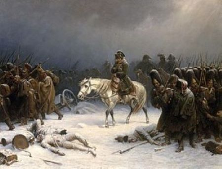 Pintura de Napoleón montado sobre un caballo blanco rodeado por sus hombres, algunos vivos, otros muertos congelados, mientras se retiran de Rusia.