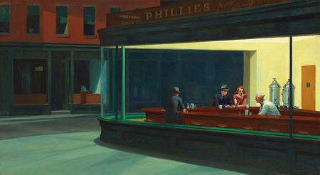 Pintura de cuatro individuos solitarios sentados en un restaurante minimalista desde una perspectiva externa.