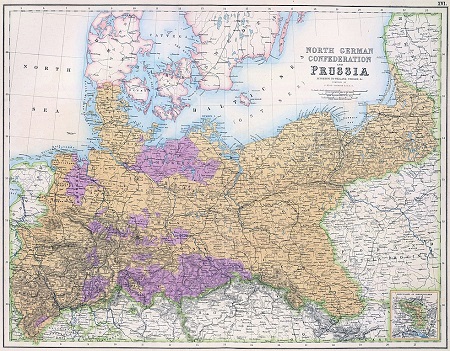 Mapa de Europa Central con la Confederación de Alemania del Norte representada