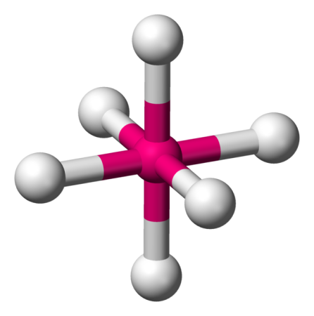 Una forma de octaedro formada por bolas 3D que representan átomos en una molécula.