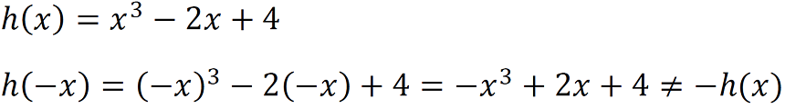 h (x) = x ^ 3-2x + 4, h (-x) = (- x) ^ 3-2 (-x) + 4 = -x ^ 3 + 2x + 4 no es igual ah (x)