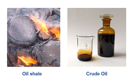 La imagen muestra una pizarra en llamas (izquierda) y una muestra de petróleo crudo en una botella y un vaso de precipitados (derecha)