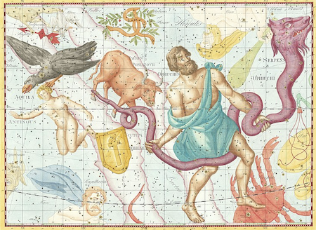 Ofiuco, como se representa en la mitología griega, está pintado en un mapa de las estrellas. También se muestran las constelaciones cercanas.