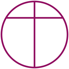 Imagen de un círculo de color violeta con una simple cruz en el centro que se conoce como Cruz del Opus Dei