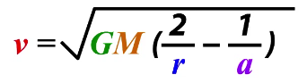 ecuación de velocidad orbital: v = sqrt (GM * ((2 / r) - (1 / a)))