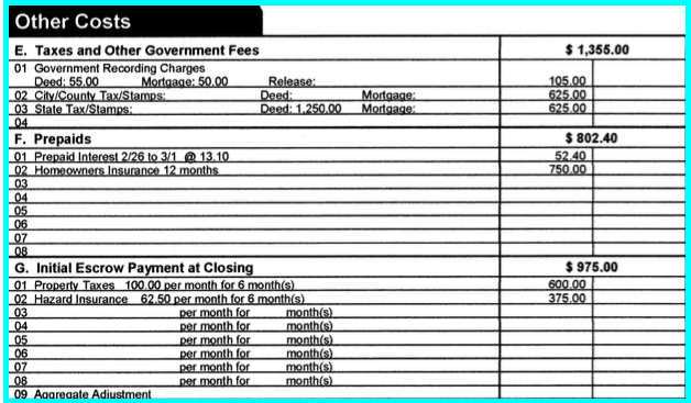 Otros costos: formulario de divulgación de cierre