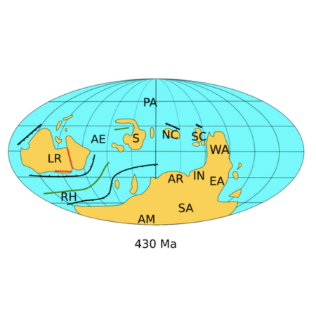 Un mapa azul y amarillo de la Tierra que muestra masas de tierra hace 430 millones de años.