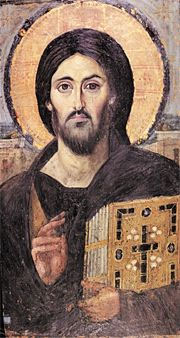 Pintura encáustica de Jesús. Rodeado por un globo dorado, Jesús ofrece al espectador una mirada intensa y cálida en sus dos ojos.