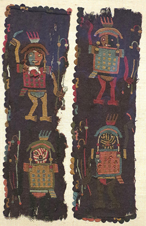 Un tejido colorido dividido en dos con cuatro figuras humanas tejidas en el tejido.