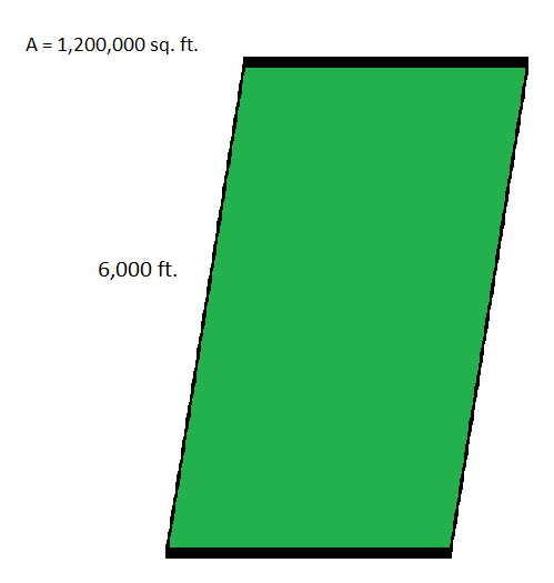 paralelogramo con un área de 1,200,000 pies y una longitud de 6,000 pies