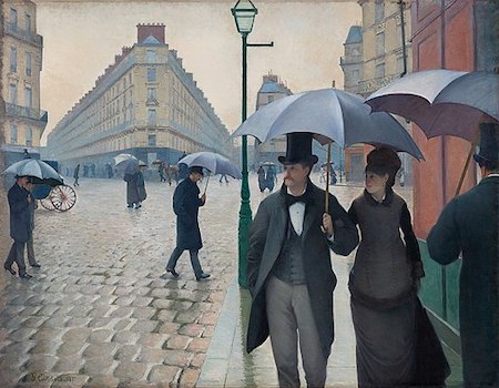 Pintura que muestra a personas con paraguas caminando por una calle con edificios al fondo.