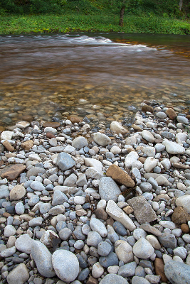 Guijarros lisos a lo largo de la orilla del río