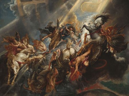 La caída de Faetón de Rubens, una pintura que muestra a un joven cayendo de un carro tirado por caballos en el cielo.
