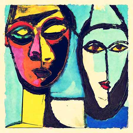 Pintura colorida de dos mujeres con rostros alargados y proporciones faciales exageradas.