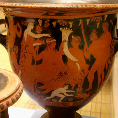Una imagen de un jarrón de cerámica romana con Pluto y Dioniso.