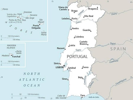 Mapa de Portugal con las principales ciudades y territorios insulares.