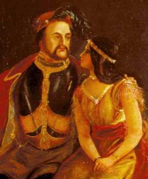 Pintura que representa a un hombre vestido con ropa europea del siglo XVI junto a una mujer nativa americana con traje tradicional.