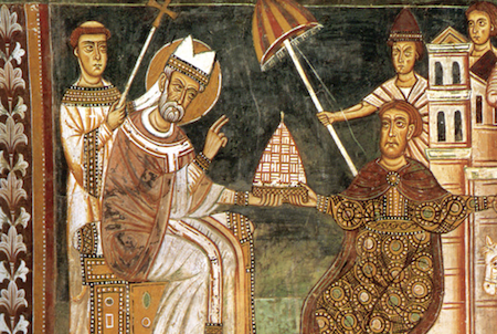 Un fresco de estilo del siglo XIII que muestra a Constantino entregando el documento al Papa Silvestre.