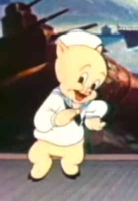 Imagen en color de Porky Pig. Fotograma de Porky Pig de una caricatura.