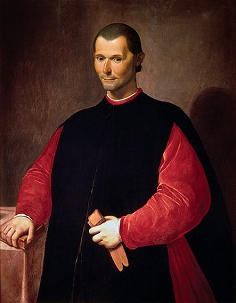 Retrato realista pintado de un Maquiavelo de pelo corto vestido con túnicas negras y rojas.