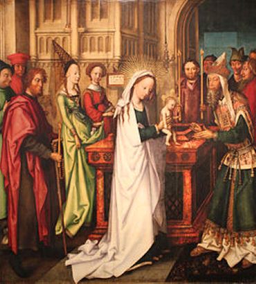Pintura en color de María entregando a Jesús a un hombre.
